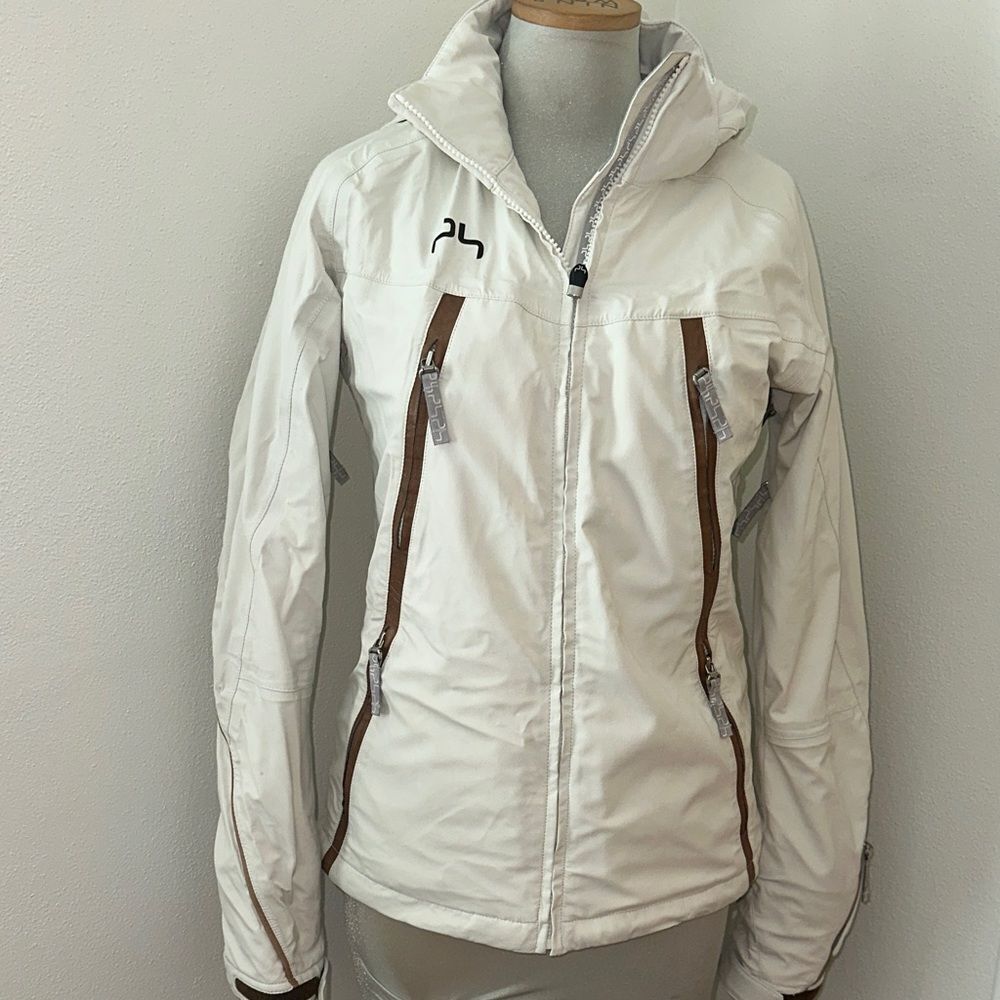 Powderhorn ivory brown trim ski coat jacket small s